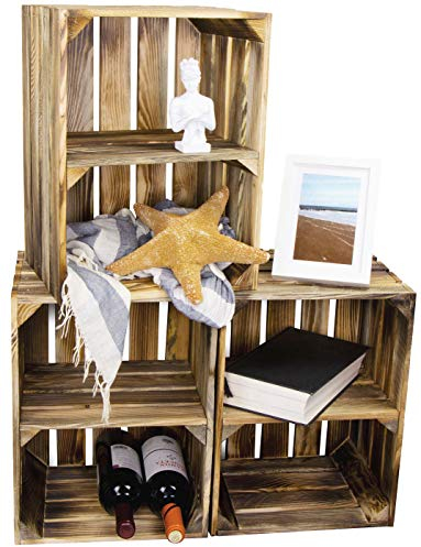 LAUBLUST Vintage Holzkisten 3er Set - Weinkiste Regalboden Quer - 40x30x25cm, Geflammt, Unbenutzt | Deko & Möbelkiste