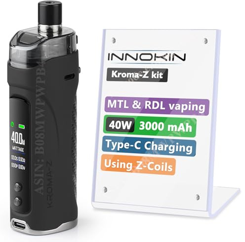 Innokin Kroma-Z Pod Mod, E Cigarette Vape Starter Kit 40W 3000mAh Electronic Vaporizer with Z-Coils, 2ml Tank Airflow Control Vaping, LCD Screen Auto-Wattage USB Type-C Fast Charge, No Nicotine, Black