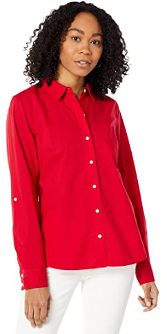 Tommy Hilfiger Women's Button Collared Shirt with Adjustable Sleeves, Scarlet, M