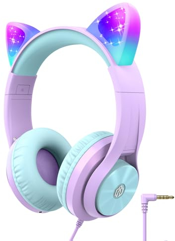 iClever Auriculares para Niños HS20, Oreja de Gato con Luz LED, Shareport, 85dBA Volumen Limitado, Auriculares con Cable Plegables para Colocar sobre Las Orejas para Regalos de Niños