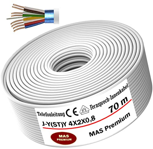 MAS Premium från 5 till 250 m telekommunikationskabel J-Y (ST) Y 2_4_6X2X0,8 telefonkabel ringkabel fjärrkabel (J-Y(ST) Y 4X2X0,8, 70 m)