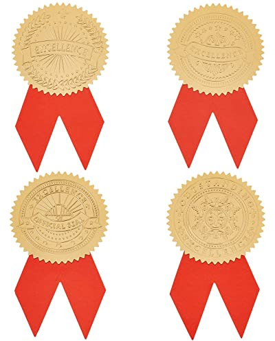 craspire Goldfolien-Leistungsaufkleber, 2,48 cm, Goldgeprägte Foliensiegel, 48 goldene Diplom-Siegel Mit (3) roten Schleifen-Dekorationsaufklebern, Selbstklebende Etiketten Für Umschläge Urkunden