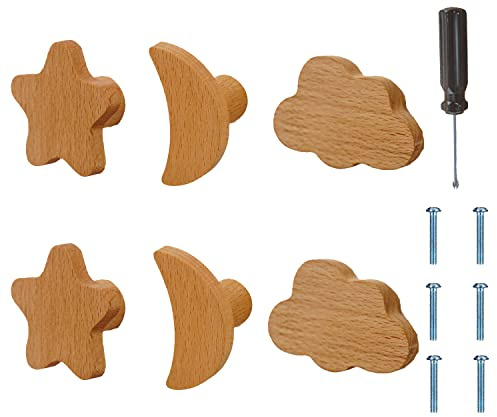 ED-Lumos Boutons d'Armoire en Bois pour Chambre d'Enfant - Lot de 6 Poignées de Meuble Étoile, Nuage, Lune