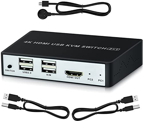 HDMI KVM Switch USB 2 Porte 4K, SZJUNXIAO Switch KVM 2 In 1 Out Supporto UHD 4K@60Hz Switch KVM 2 PC 1 Monitor con 2 Cavi USB e Controller di commutazione desktop da 1,5 m