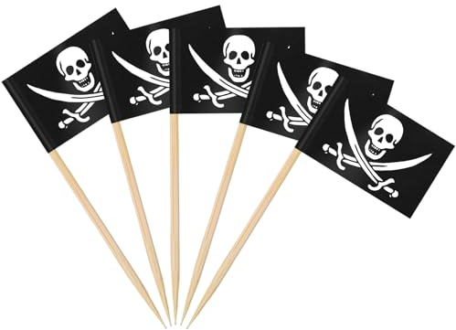 AhfuLife 100Pcs Drapeau Cure-dent Pirate, Mini Drapeau Cocktail de Pirates, Cure dents Pirate pour Anniversaire Thème de Pirates, Decor Cupcake Topper, Étiquettes de Apéritifs Dîner de Halloween