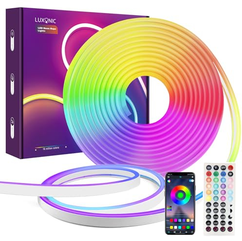 LUXONIC 16.4FT 5M Strisica LED Neon, 24V RGB, Silicone Neon Luci LED Flessibile Bluetooth con APP e Telecomando, IP67 impermeabile, Sincronizzazione Musicale, Decorazione Esterna/Interna del partito
