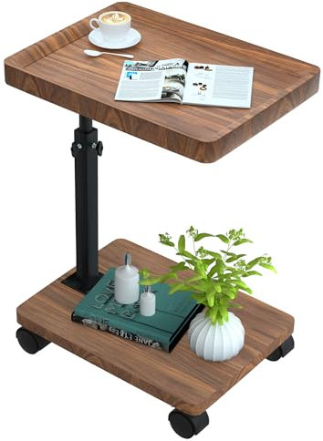 ESTUWD Beistelltisch mit Rollen | Beistelltisch Höhenverstellbar (45-80cm) | Holz Beistelltische c Form haben 360° Rotierend Nussbaum Finish | Couchtisch Klein für Wohnzimmer Sofa Couch (Nussbaum)