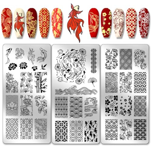 PH PandaHall 3pcs Plaques D'Estampage pour Ongles Koi East Lotus Nail Stamper Plum Bossom Nail Art Pochoirs Plaque D'Image D'Ongle en Acier Inoxydable pour Salon de Conception de Nail Art Eté Chaud