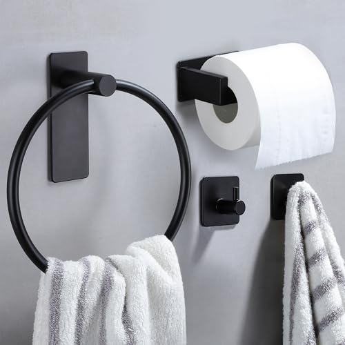 ZUNTO Handtuchring Set, Handtuchhalter Ring Schwarz + Toilettenpapierhalter Ohne Bohren + 2 Stück Handtuchhaken Haken Ohne Bohren, für Küche und Badezimmer, Selbstklebend Edelstahl