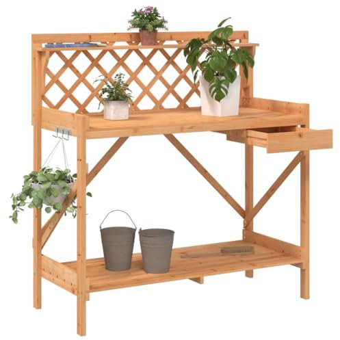 Homgoday Banc pour pots de fleurs avec treillis en bois massif de sapin marron Supports pour pots de fleurs