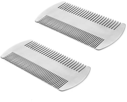 2Pcs Ergonomic Handle Dual Action Beard Comb Portable Metal Beard Hair Comb Anti-Static Lice Dectection Comb for Wallet Purse Pocket Travel