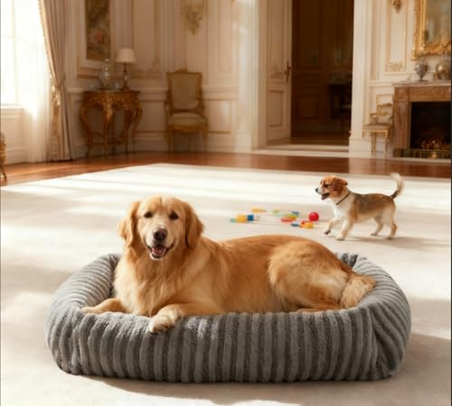 Pawk Hundebett große Hunde, Hundebett Waschbar abnehmbar mit Erhöhte Ränder, rutschfeste Hundekorb mit bequemem Kaninchenwolle-Bezug, 91 x 69 x 20 cm