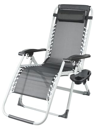 WODFARR Chaise Longue Transat Jardin Plein Air, Fauteuil Relax Pliable, Bain de Soleil avec Repose-tête, Accoudoirss, Porte-gobelet, Fauteuil de Jardin en Respirantes Textilène (Noir, 178x65x95 cm)