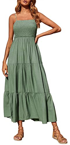 Couawaticy Robe longue d'été décontractée pour femme, style bohème, sans manches, bretelles spaghetti, smocké, à volants