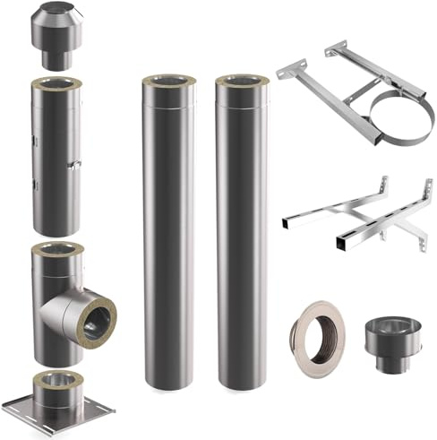 Edelstahlschornstein | Ø 150mm | Bausatz in allen Längen und Wandabständen | Edelstahl Schornstein Doppelwandig | Kaminbausatz Komplett |Steck-fit| wandabstand 350-520mm | 2.8m