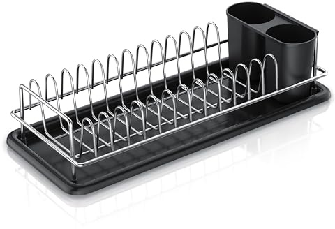 Arendo - Geschirrständer – Tellerhalter – Abtropfgestell - kompaktes platzsparendes Design – 12 Abtropfplätze für Teller Deckel Untertassen - Edelstahl – 2 Besteckhalter