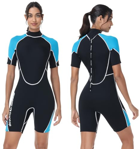 Owntop 1.5mm Shorty Wetsuit Men Women - Back Zip Wet Suit for Diving Surfing, Short Sleeve Diving Suits Stretch Neoprene for Water Sports, Women Blue M