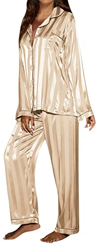 Pijama de satén a rayas para mujer largo con botones, pijama de seda con bolsillos, cintura elástica, ropa de dormir suave de dos piezas, cuello en V, conjunto de invierno Pjs conjuntos de ropa de