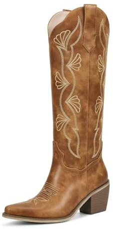 wetkiss Light Brown Cowboy Boots for Women Knee High Cowgirl Tall Boots with Zipper Ginkgo Leaf Embroidered Chunky Middle Heel Snip Toe Womens Western Boot for Travel Daily Outfit Size 7