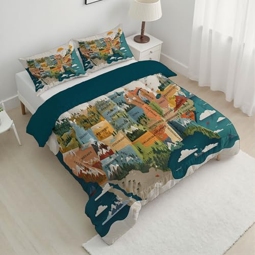 CDXNORA Edredón Vistoso Transpirable Microfibra, 4 Estaciones Mapa Montañas Estampado Estilo De Educación Infantil Colcha Acolchada, para Adolescentes niños niñas Fina Suave Edredón 140x200 cm