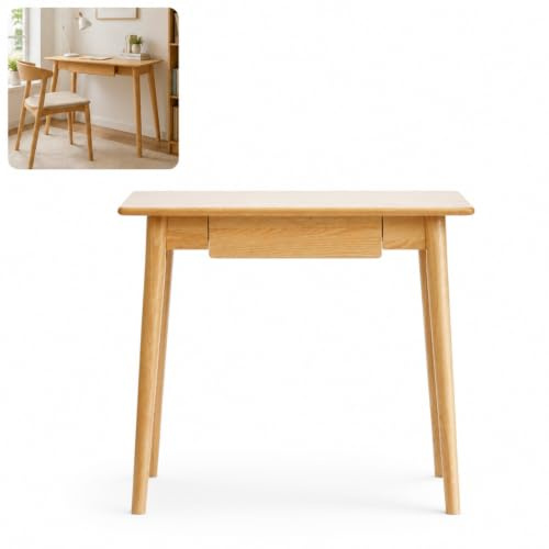 DUY Escritorio de madera maciza con cajón, minimalista, para oficina en casa, mesa de estudio para dormitorio, espacios pequeños, acabado de madera natural
