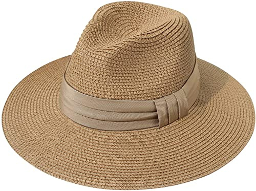 DRESHOW Women Wide Brim Straw Panama Roll up Hat Fedora Beach Sun Hat UPF 50+