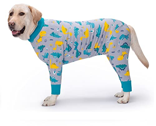 Yeapeeto Einteiler für Hunde, zur Erholung, für große und mittelgroße Hunde, Schlafanzug, Ganzkörper für Haarausfall, Allergien, Anti-Lecken, Wundschutz, Kegel-Alternative (XL, Dinosaurier)