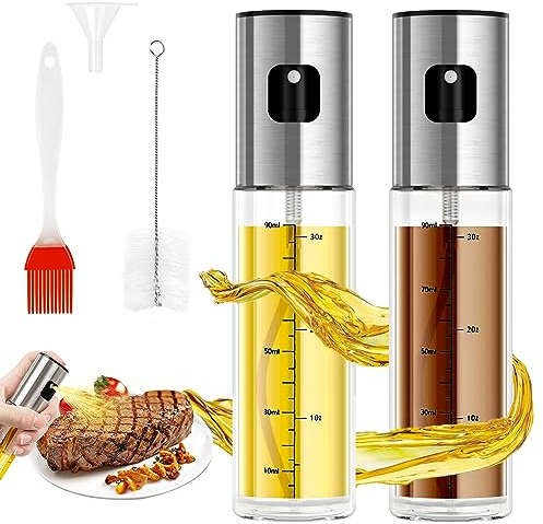 Uktunu Nebulizzatore Olio Spruzzatore di Olio per Friggitrice con Imbuto, Spazzola per la Pulizia e Spazzola Spruzzino per Olio D'oliva Bottiglia Olio Spray da Cucina -100ml, 2 Pezzi