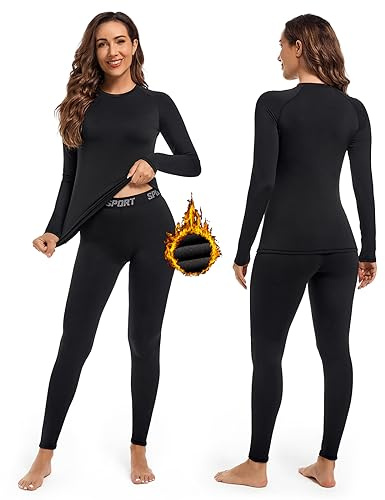 Hyeek Sous Vetement Thermique Femme, Ensemble de sous-Vêtement Ski Grand Froid - Femme à Manches Longues Couche de Base Haut et Pantalon Chaud Leggings Automne Hiver pour Ski (1.Noir, XL)