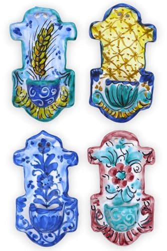 SICILIA BEDDA CAPACI Pila de Agua bendita de cerámica siciliana, en Forma de Cruz, decoración y Color aleatorios, h 10 cm x L 5 cm Aprox. (1pc) Mod d