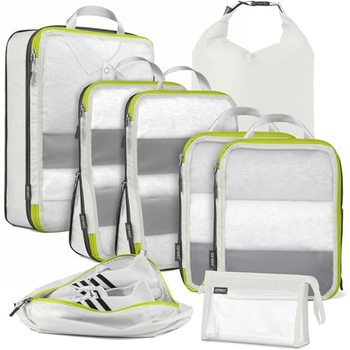 Cipway Organizer Valigia,Cubi da Imballaggio a Compressione, Design a Rete, Salvaspazio Borse da Viaggio Set Sacchi Sottovuoto Vestiti da Viaggio per Zaini o Bagagli a Mano (Bianco,8 Pezzi)