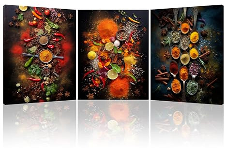 PIY PAINTING Stampa su tela di Spezie, Quadro su tela del Cucchiaio, Poster e Stampe d'arte Moderno per Cucina Sala da pranzo Caffè 3 pannelli 30x40cm, Cornice in legno Incorporata