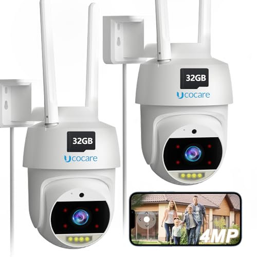 4MP Camera Surveillance WiFi Exterieure avec Carte SD 32G (2 Pièces), UCOCARE 360° PTZ IP Caméra, Détection Humaine, Suivi Auto, 35M Vision Nocturne Couleur, IP67 Plus Étanche, Audio Bidirectionnel