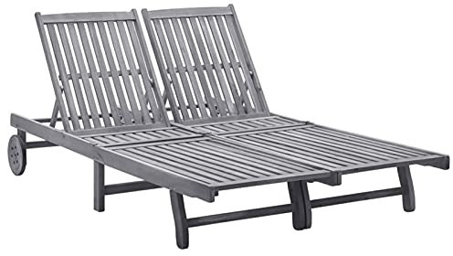 Festnight Doppel Sonnenliege Holz mit Rollen Doppelliege Outdoor 2 Personen Holzliege Gartenliege Verstellbare Liege Outdoor loungebett Liegestuhl Garten Massivholz Akazie Wetterfest