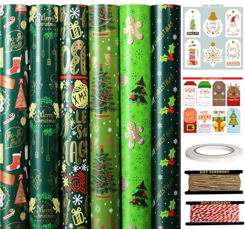FullJoyHut 6 rullar med grönt julpapper - 43 cm x 3M för rulle, återvinningsbart julpresentpapper med etiketter, rep och band för julklapp