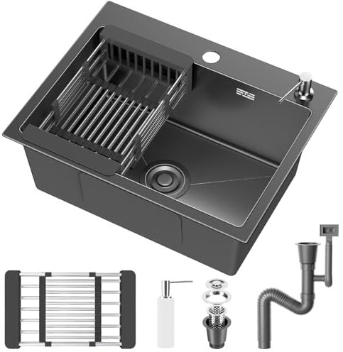 VELPAX Évier Cuisine 1 Bac 55 x 45 cm, Inox avec Filtre de Vidange, Évier à Poser avec Trous pour Robinets