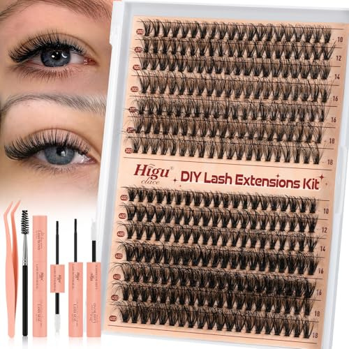 Higu Clace extension-cils, 280 pièces kit-extension-cils, 30D + 40D, faux-cils-individuel, tenue 7 jours, avec applicateur, colle et scellant pour cils (kit 30D + 40D)