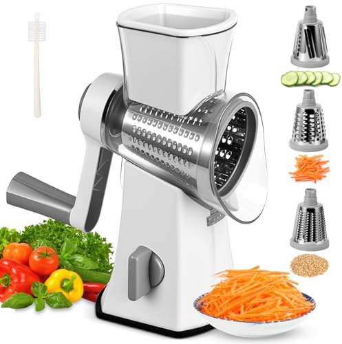Râpe à Fromage Rotative En Acier Inoxydable Avec 3 Têtes De Rabot Et Support, Livrée Avec Pinceau, Râpe à Fromage Avec Manivelle Pour Parmesan, Légumes, Chocolat, Noix, Ail, Gingembre (Blanc)