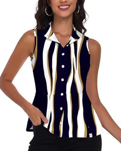 SERSARY Blusa elegante sin mangas para mujer, polo sin mangas, con cuello alto, volantes, deporte, golf, verano, transpirable, camiseta de trabajo, túnica, Patrón de curvas azules y blancas, XXL