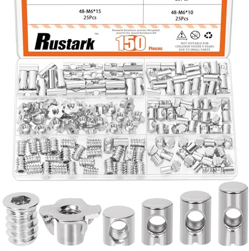 Rustark Tuercas de inserción de madera, tornillos para muebles, pernos de tuerca transversal, tuerca cilíndrica, acero al carbono, barril, tuercas en T, cuatro puntas para muebles de carpintería (150