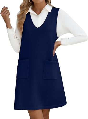 HOTOUCH Robe pull sans manches pour femme – Robe pull décontractée en tricot avec col en V – Robe d'automne ample avec poches, Bleu foncé, XXL