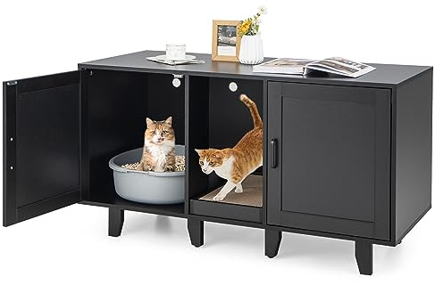 GYMAX Maison de Toilette Chat et Meuble TV 2-en-1, Meuble pour Cacher Bac à Litière, 3 Compartiments, Planche à Gratter, Trous de Ventilation, 120x52x65cm (Noir)