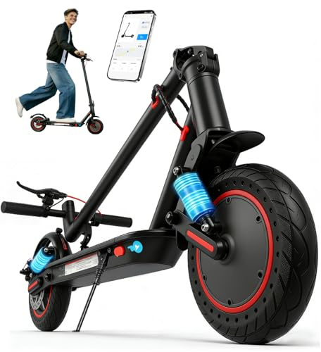 Monopattino Elettrico Adulti, Autonomia 30 km, Pneumatici Antitraforo solidi da 10, Doppie Sospensioni, Doppi Freni a Disco, 3 Velocità, App, Carico Massimo 120 kg, Piehevole per Città