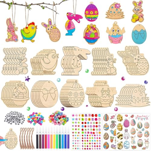 309 Pezzi Kit di Artigianato in Legno di Pasqua, Decorazioni Pasquali in Legno da Appendere, Pendente Pasquale in Legno per Manuali e Decorazioni di Casa, Artigianato Pasquale Fai Da Te per Bambini