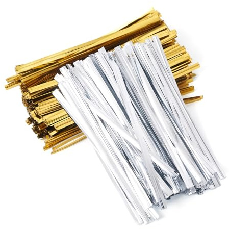 Cheriswelry Lot de 1500 attaches torsadées réutilisables en plastique doré et argenté pour sac à pain, bonbons, emballage cadeau, 100 x 4 mm