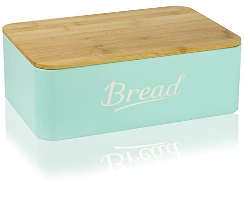 DRULINE Brotkasten mit Bambusdeckel - Brotaufbewahrung - Brotbox mit Schneidebrett - Brotkasten Türkis - Metall Türkis/Bambusdeckel - B/H/T ca. 35 x 12,5 x 23 cm - Landhaus Stil