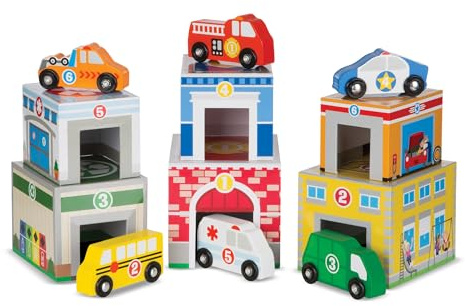 Melissa & Doug Nesting and Sorting Blocks - 6 Buildings, 6 Wooden Vehicles - FSC Certified