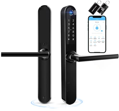 Ruveno Verrou de porte intelligent Bluetooth avec écran tactile, clavier à empreintes digitales, carte de déverrouillage pour porte battante en aluminium (Noir)