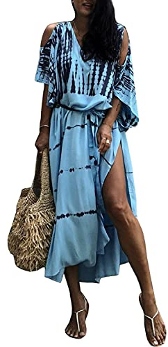 Orshoy Womens Beach Cover Up Dress V-Neck Kaftan Rayon Caftan Boho Swimsuit Swimwear Nighty Plus Size C-Grey Blue