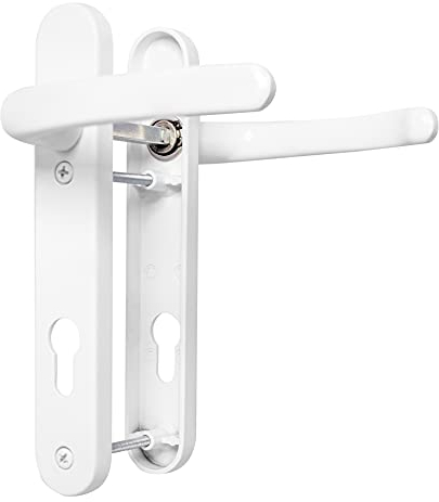 Ensemble de poignées de porte UPVC Blanc Levier levier 92 mm PZ (Centres) 122 mm à visser Plaque arrière 212 mm x 34 mm Poignée de porte extérieure Poignées de porte de rechange en UPVC blanc
